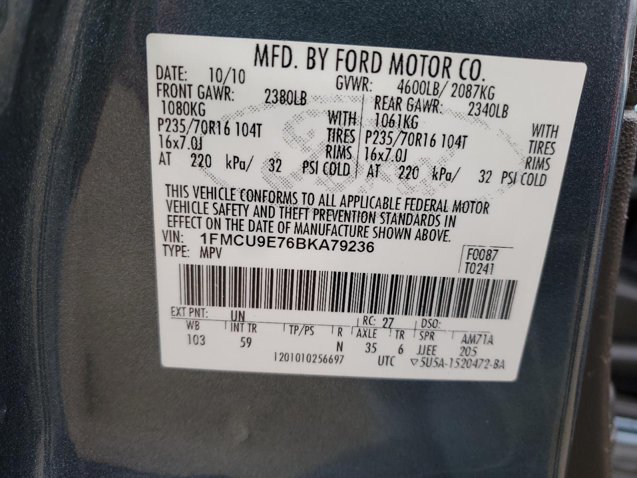 1fmcu9e76bka79236 1FMCU9E76BKA79236 2011 Ford Escape Limited
