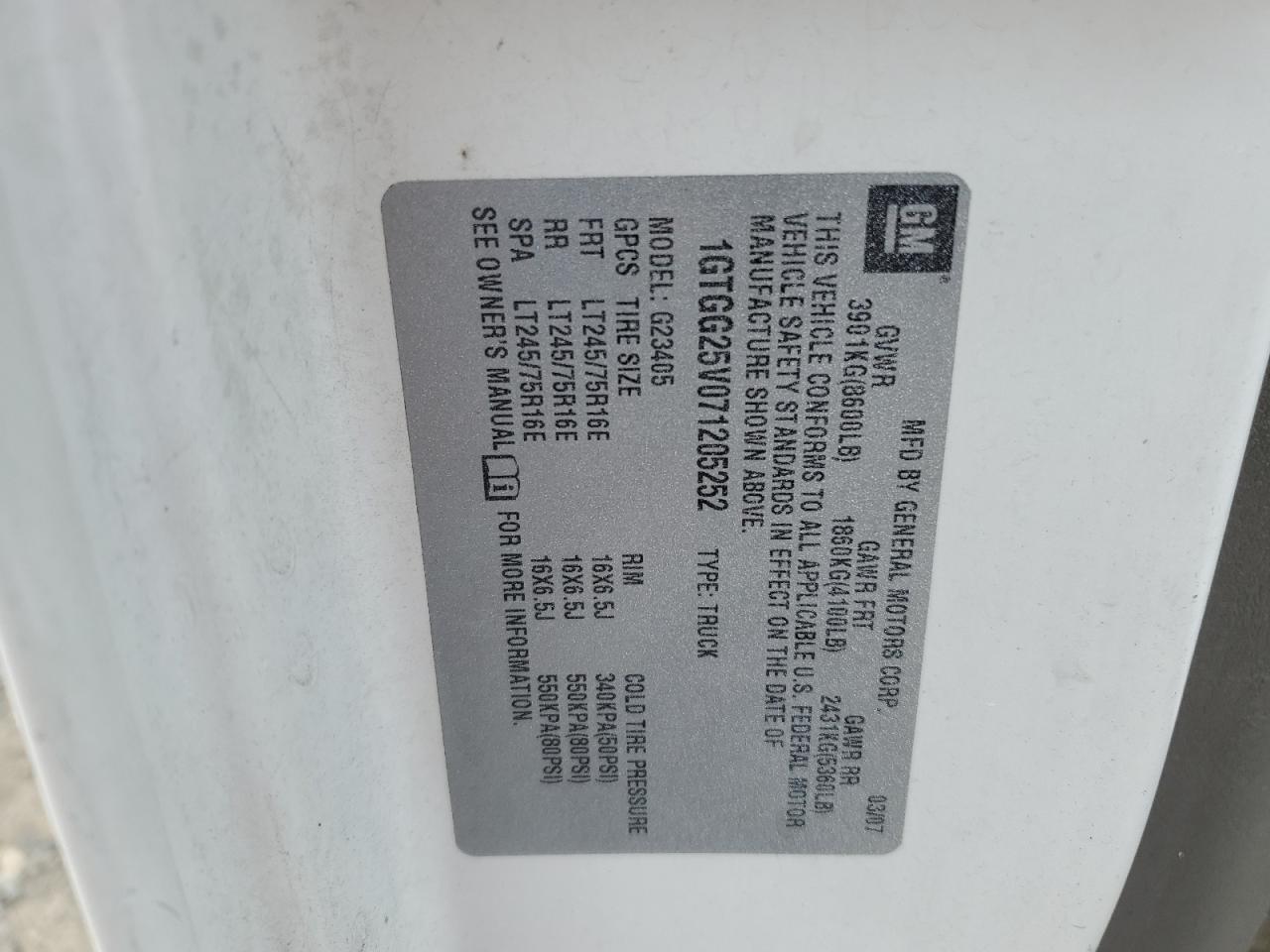 2007 GMC Savana G2500 VIN: 1GTGG25V071205252 Lot: 46554835