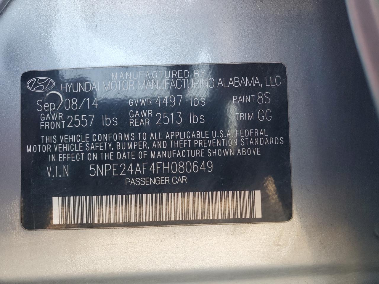 2015 Hyundai Sonata Se VIN: 5NPE24AF4FH080649 Lot: 44394475