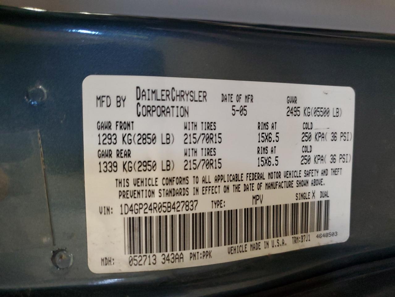 2005 Chrysler Town & Country Lx VIN: 2C4GP44R55R598268 Lot: 42684405