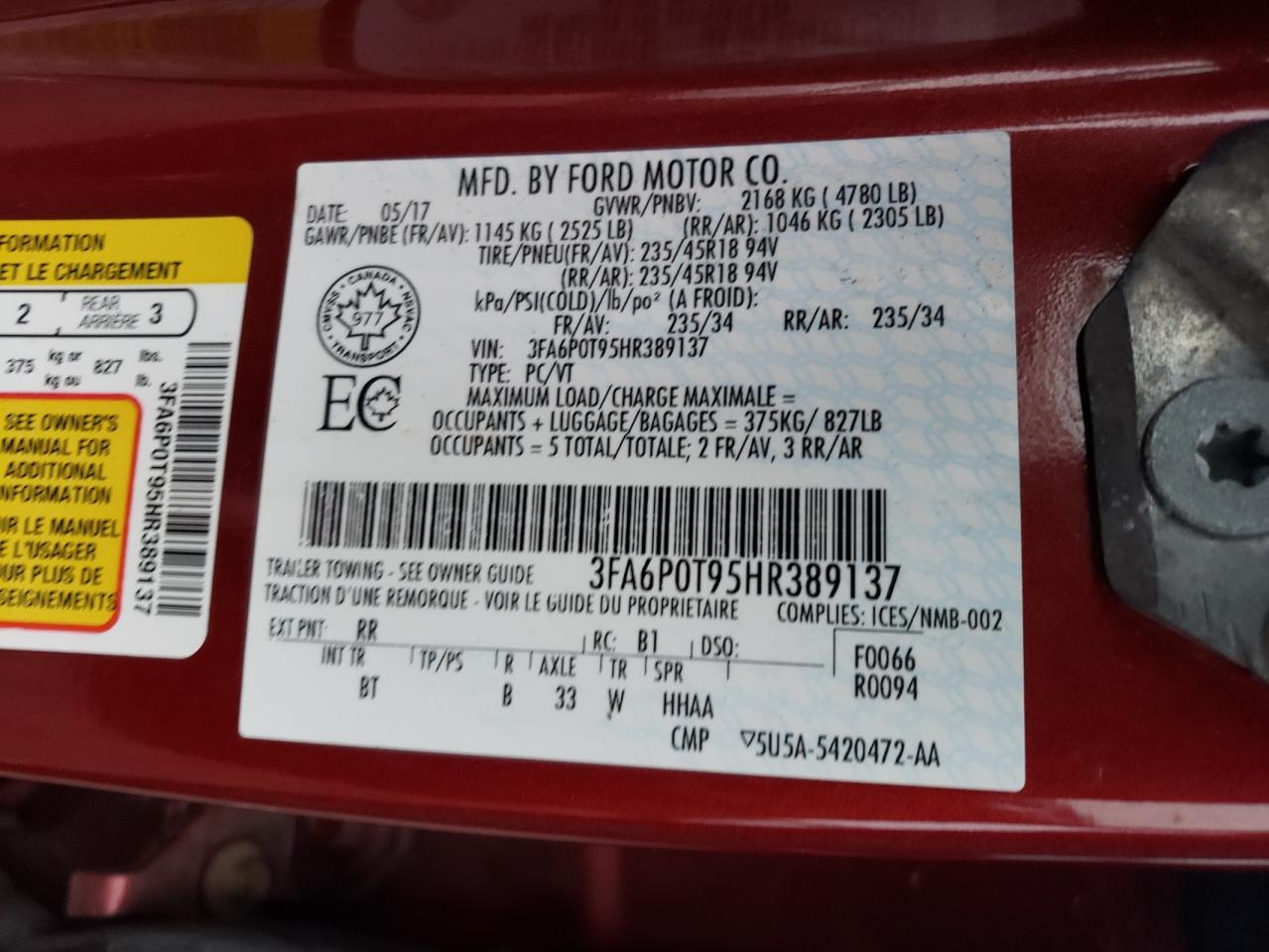 3FA6P0T95HR389137 FORD FUSION 2017