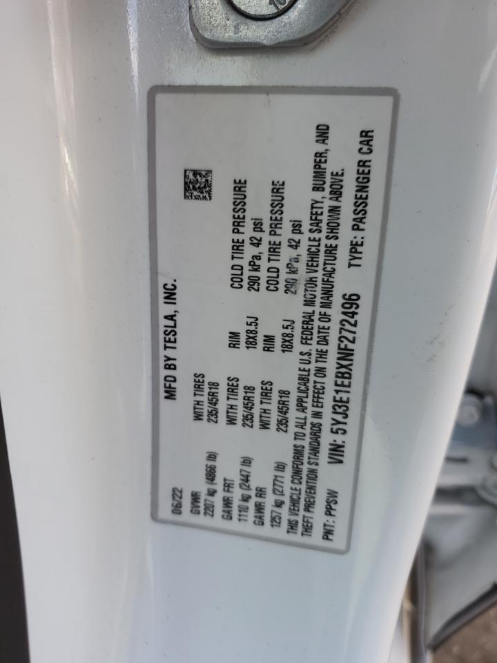 2022 Tesla Model 3 VIN: 5YJ3E1EBXNF227249 Lot: 43973435
