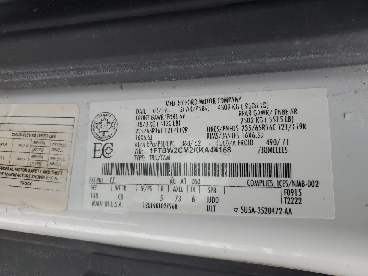 2019 Ford Transit T-350 VIN: 1FTBW2CM2KKA44168 Lot: 46267715