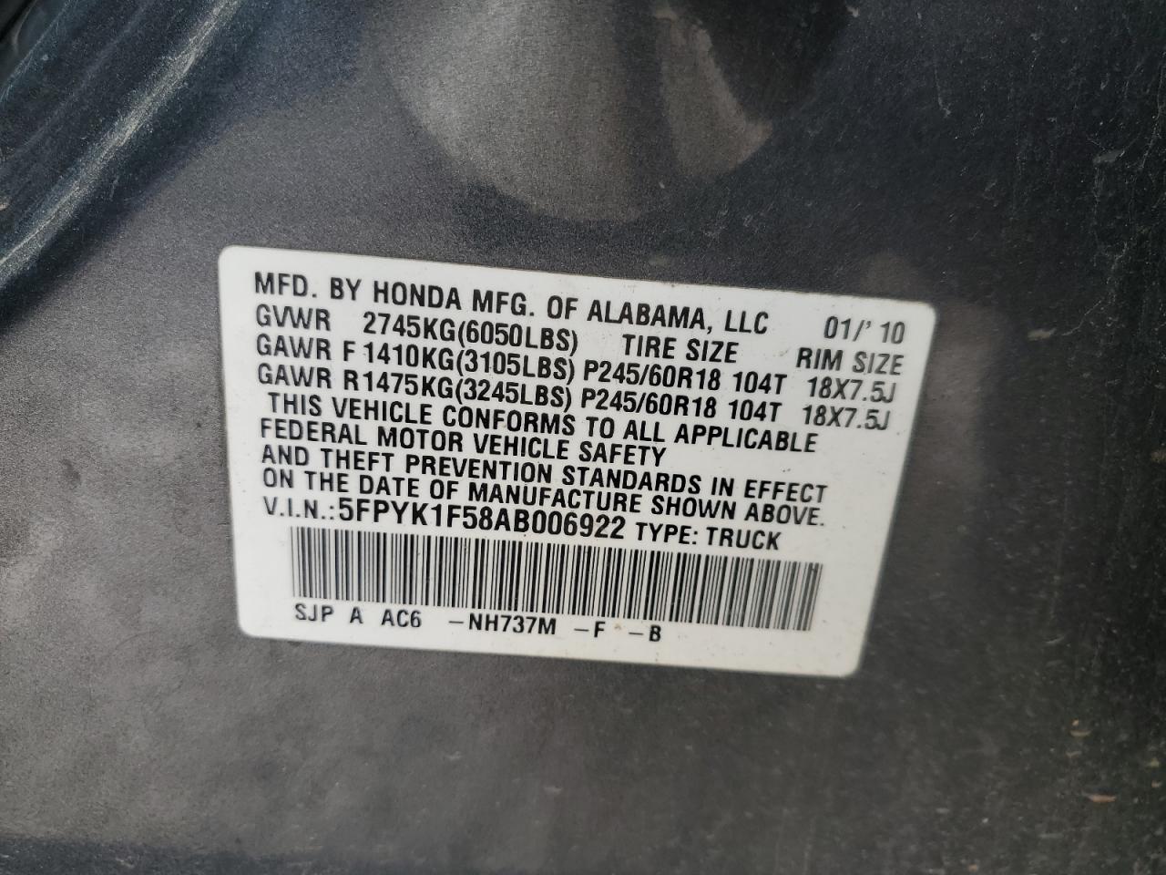 2010 Honda Ridgeline Rtl VIN: 5FPYK1F58AB006922 Lot: 44967355