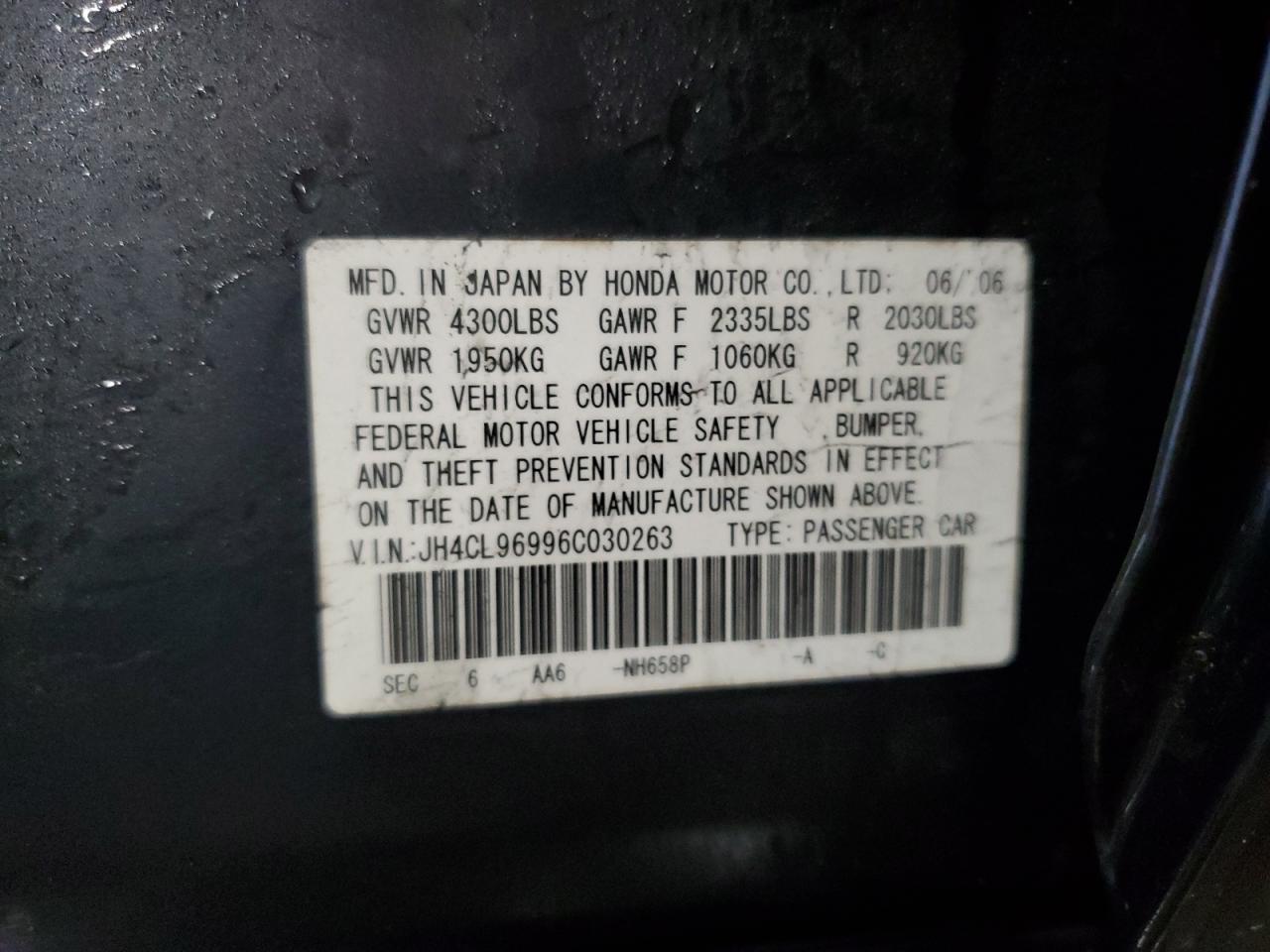 2006 Acura Tsx VIN: JH4CL96996C030263 Lot: 44953885