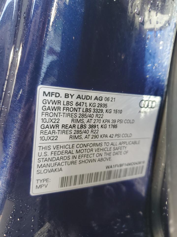 2021 Audi Q8 Prestige S-Line VIN: WA1FVBF14MD043918 Lot: 44213835