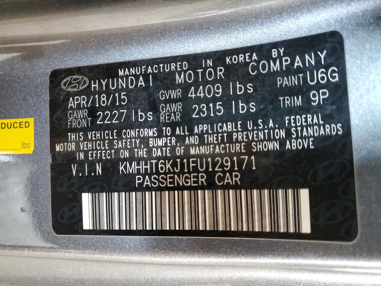 2015 Hyundai Genesis Coupe 3.8L VIN: KMHHT6KJ1FU129171 Lot: 43657235