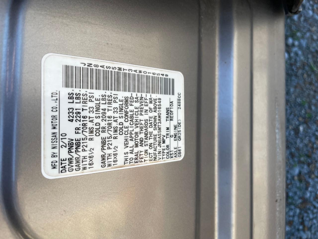 2010 Nissan Rogue S VIN: JN8AS5MT3AW016549 Lot: 45214365