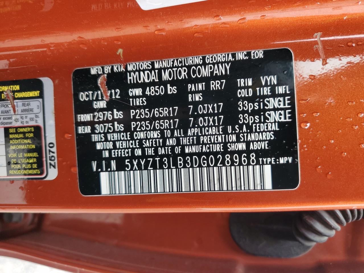 2013 Hyundai Santa Fe Sport VIN: 5XYZT3LB3DG028968 Lot: 44411945