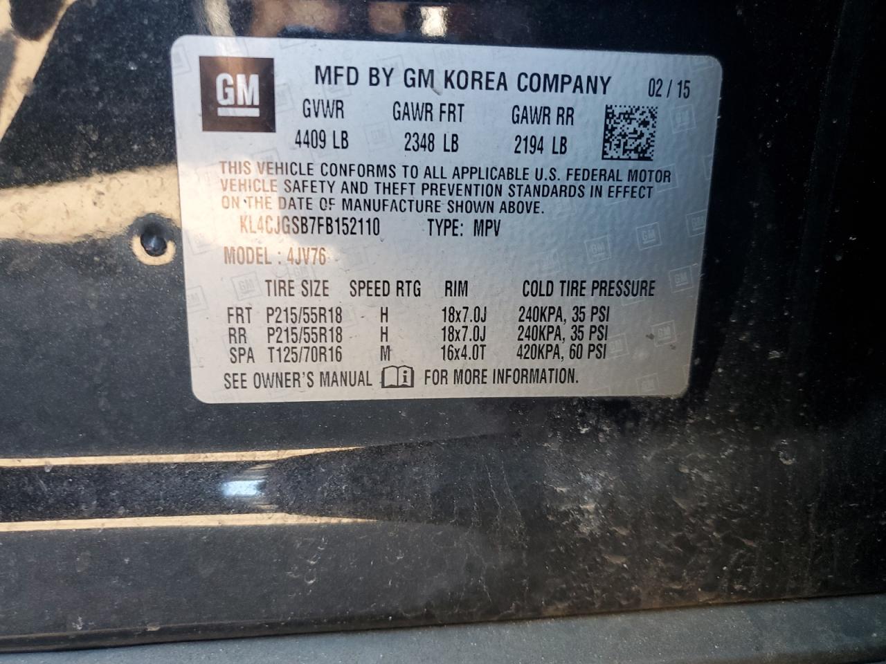 2015 BUICK ENCORE with FRONT END damage, VIN KL4CJGSB7FB152110