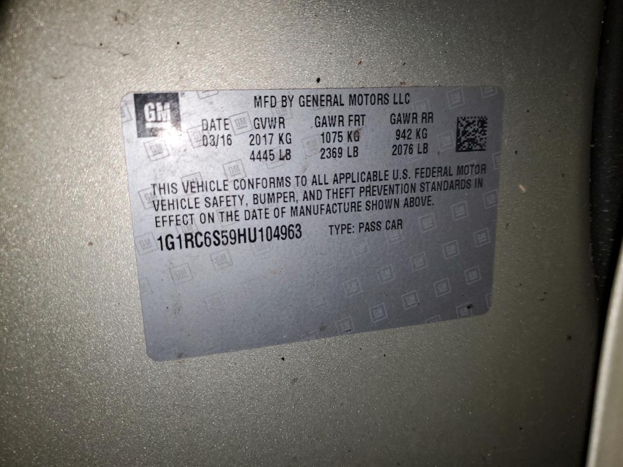 1G1RC6S59HU104963 CHEVROLET VOLT 2017
