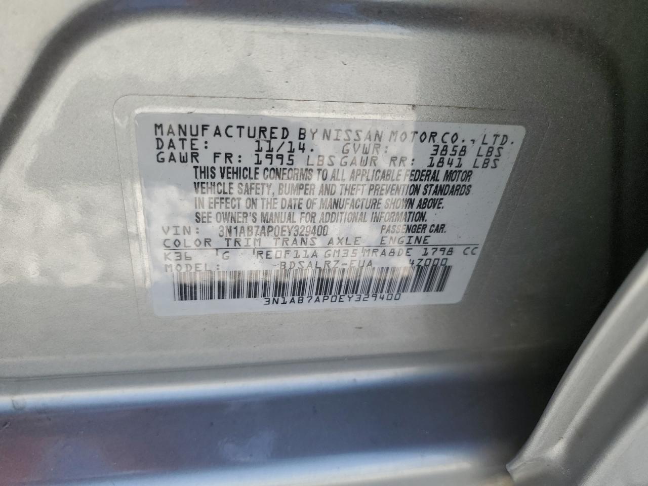 2014 Nissan Sentra S VIN: 3N1AB7AP0EY329400 Lot: 45409245