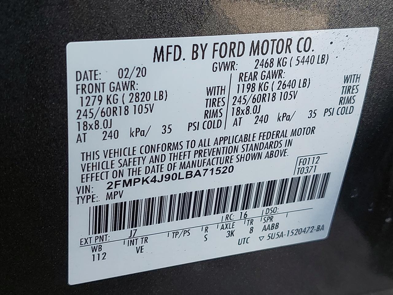 2FMPK4J90LBA71520 - 2020 Ford EDGE - #46385745