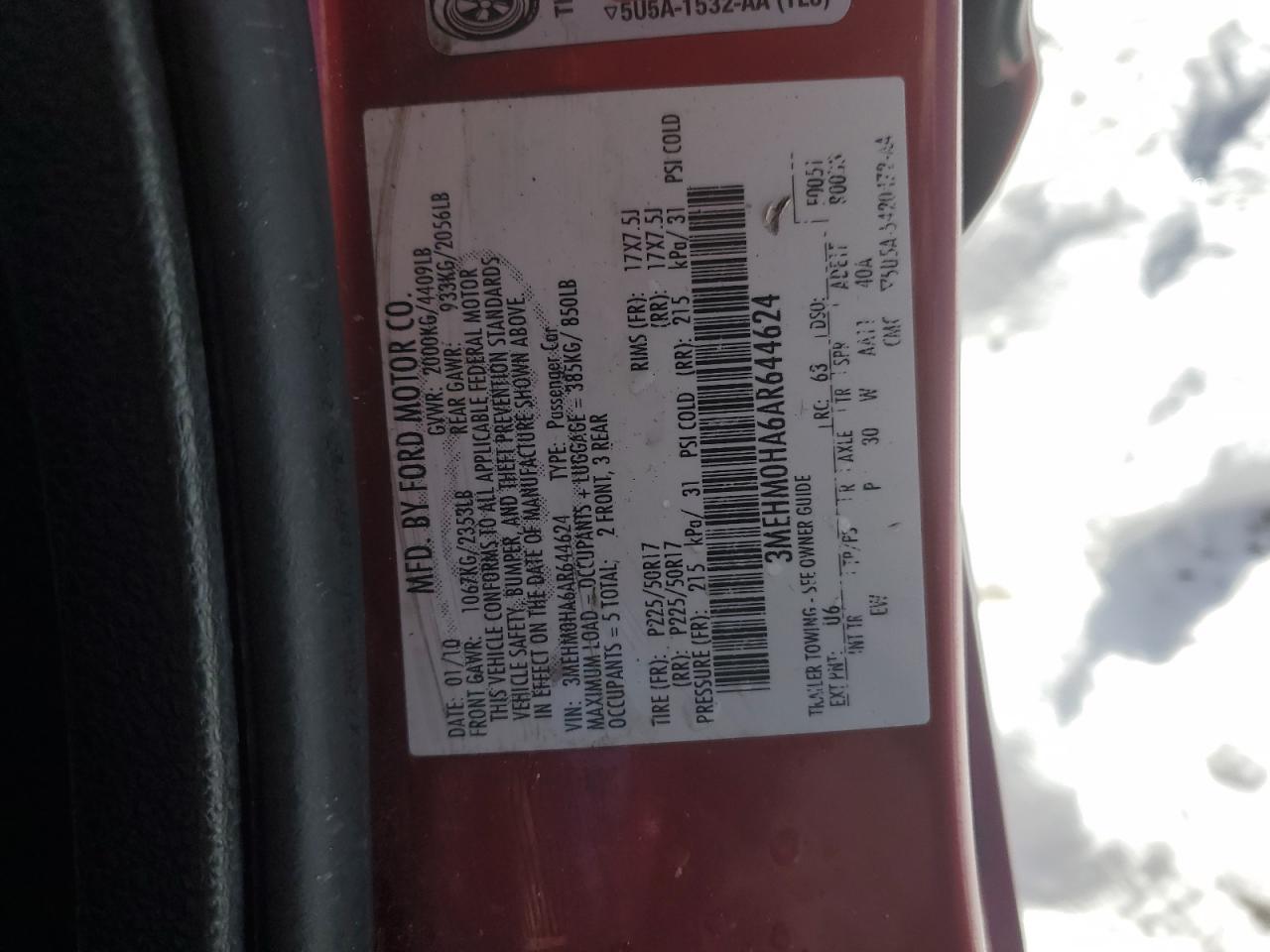 2010 Mercury Milan VIN: 3MEHM0HA6AR644624 Lot: 45750495