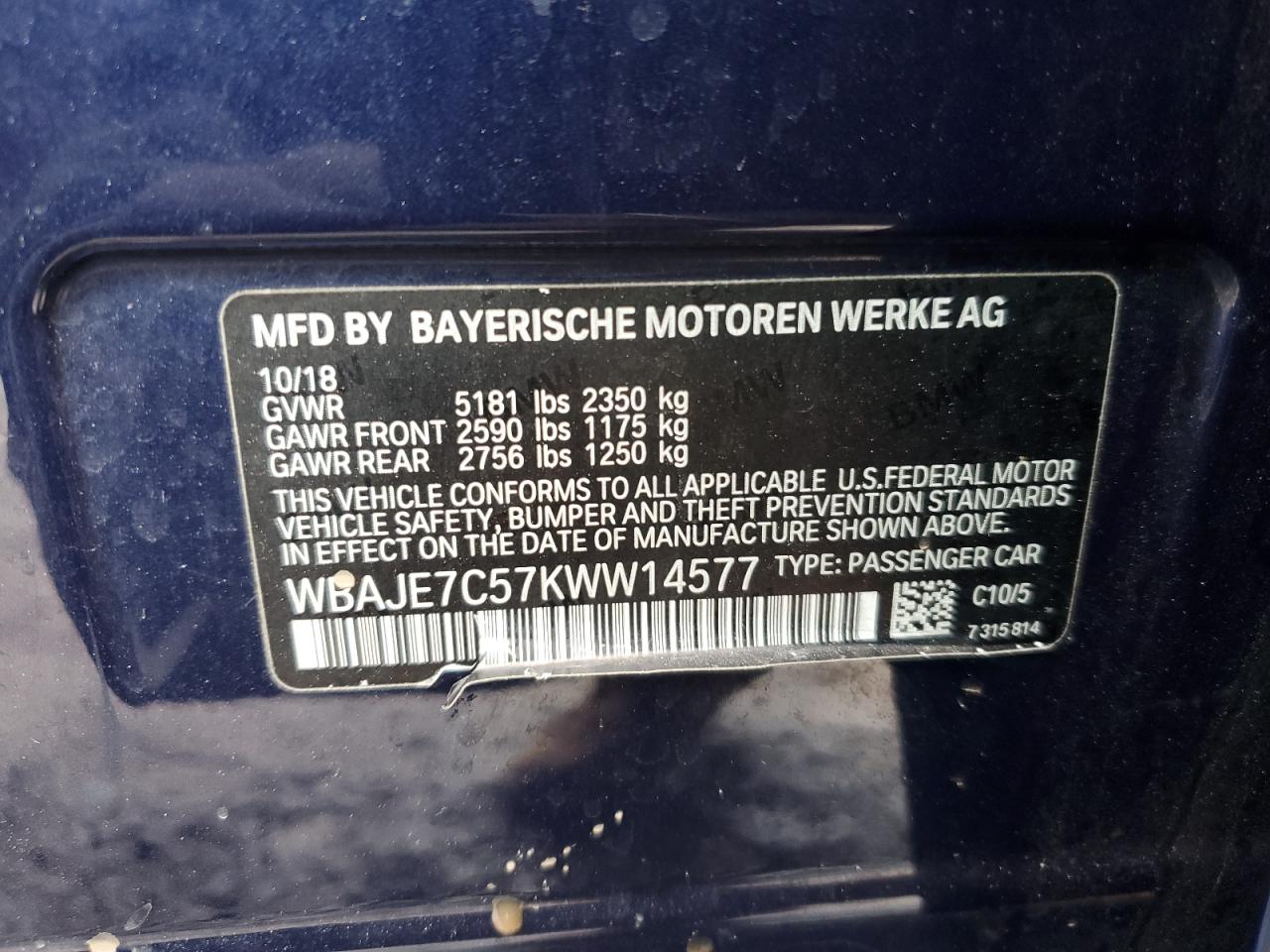WBAJE7C57KWW14577 BMW 5 Series 2019. Фото: 11