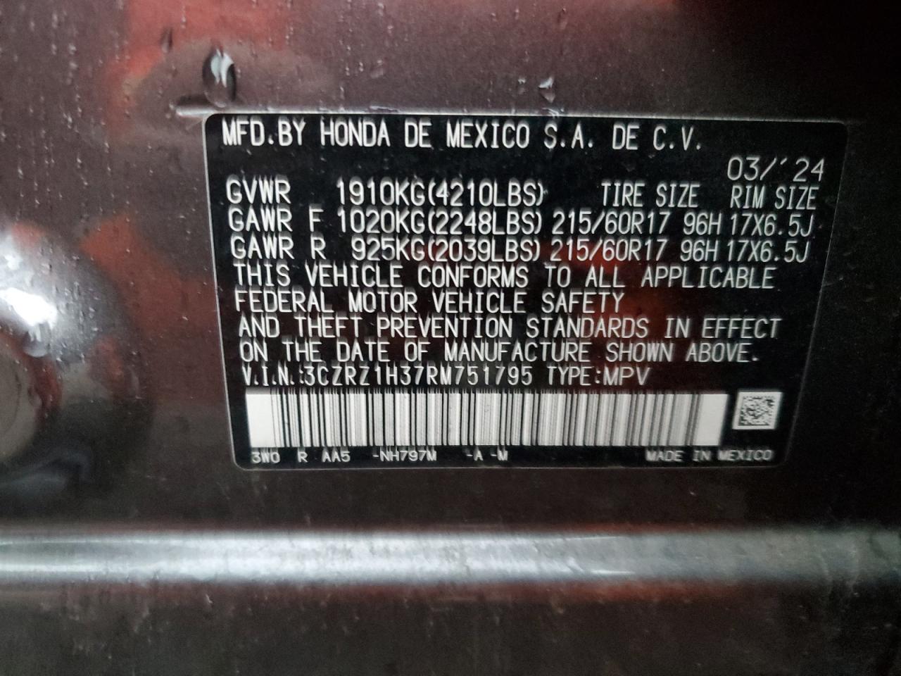 2024 Honda Hr-V Lx VIN: 3CZRZ1H37RM751795 Lot: 43977185