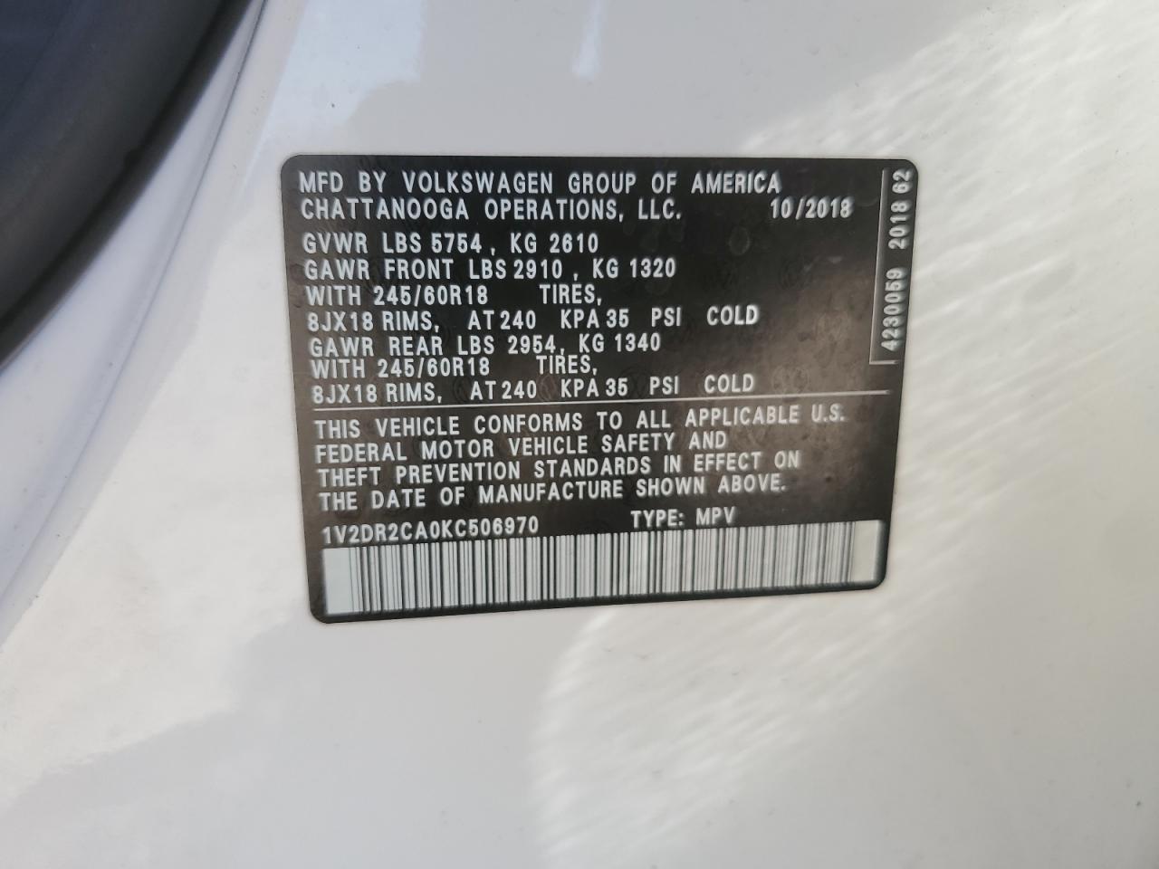 2019 Volkswagen Atlas Se VIN: 1V2DR2CA0KC506970 Lot: 43839485
