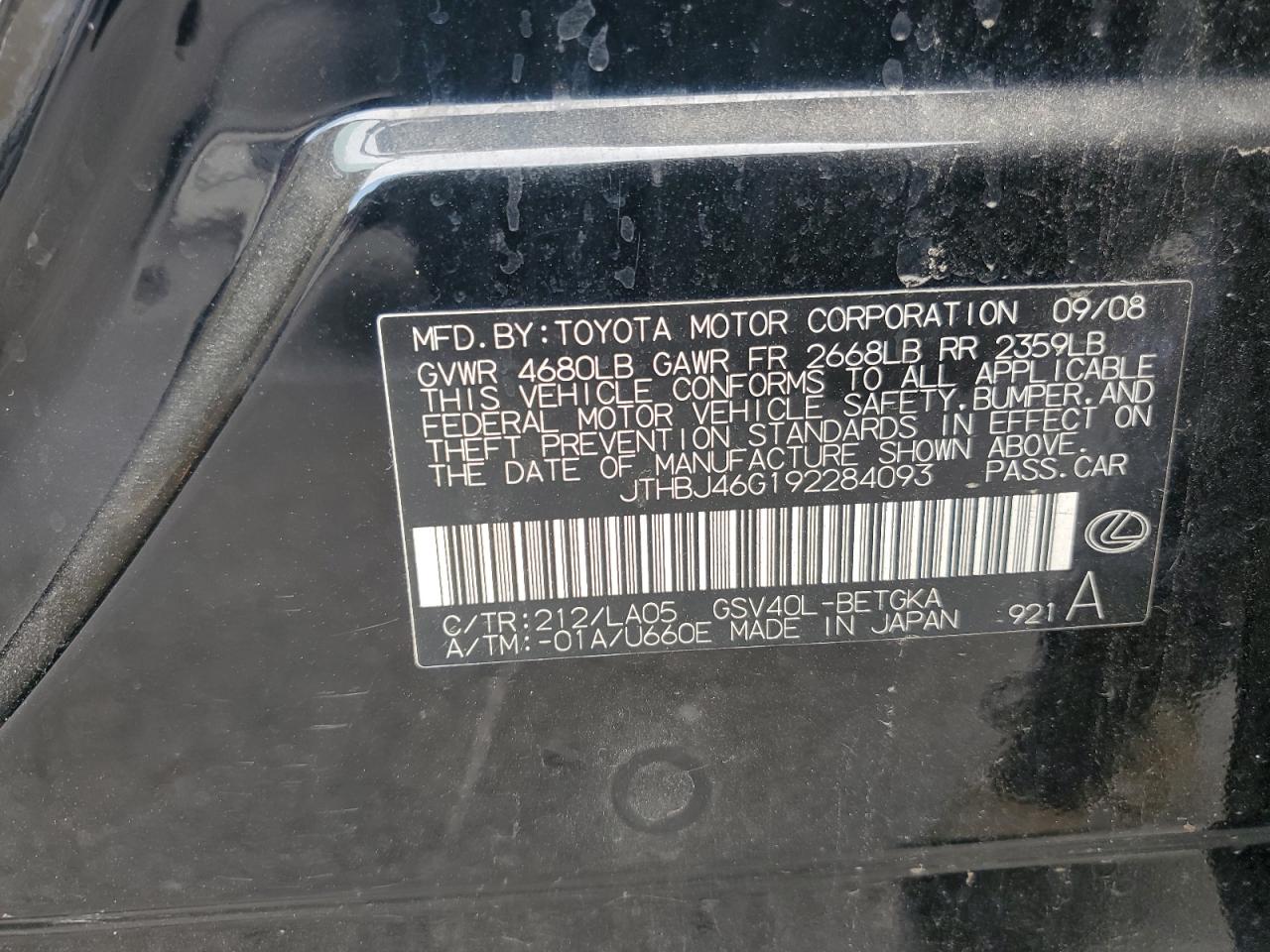 2009 Lexus Es 350 VIN: JTHBJ46G192284093 Lot: 44585175