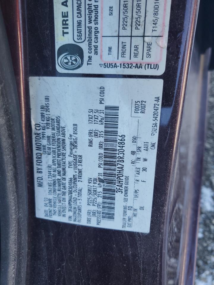 2011 Ford Fusion Se VIN: 3FAHP0HA7BR304866 Lot: 78915694