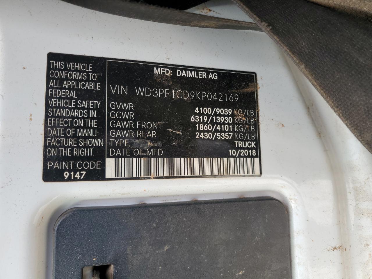 2019 Mercedes-Benz Sprinter 2500/3500 VIN: WD3PF1CD9KP042169 Lot: 45392725