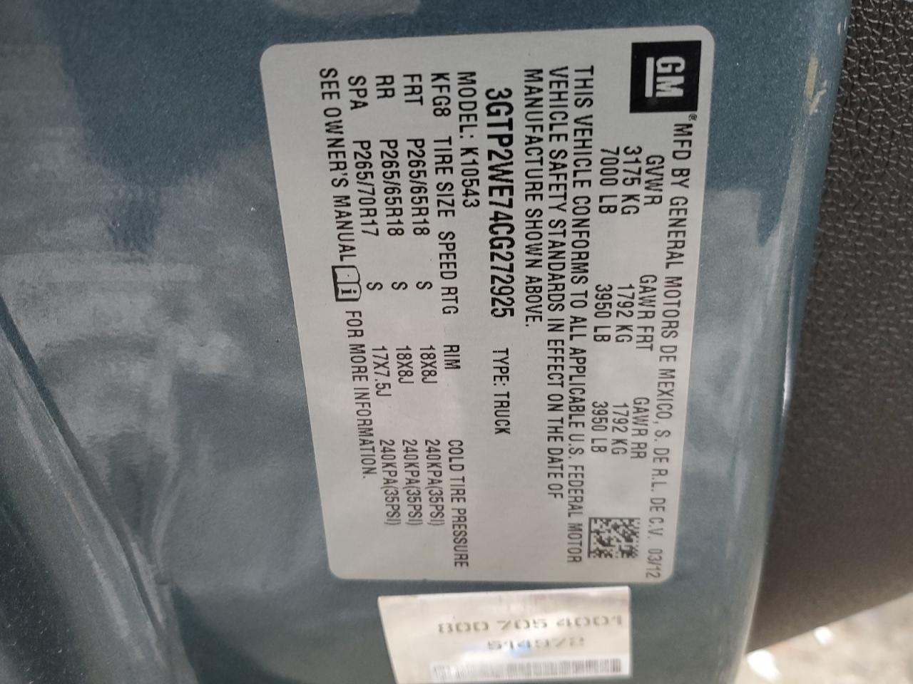 2012 GMC Sierra K1500 Slt VIN: 3GTP2WE74CG272925 Lot: 46129995