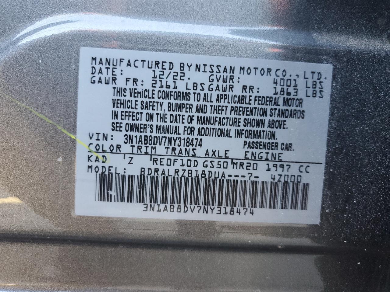 3N1AB8DV7NY318474 NISSAN SENTRA 2022