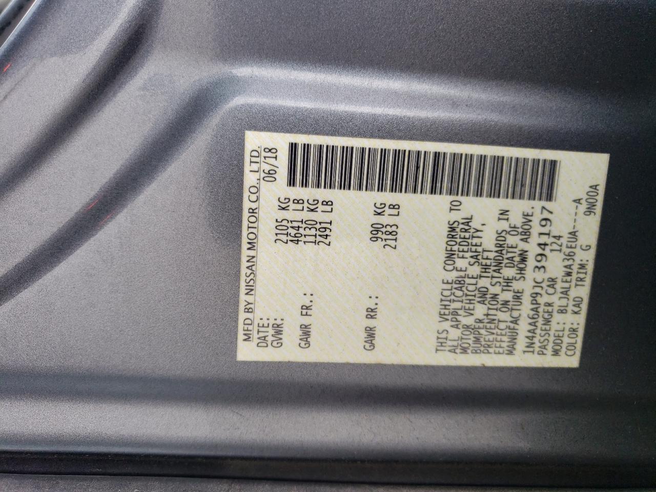 2018 Nissan Maxima 3.5S VIN: 1N4AA6AP9JC394197 Lot: 44939895