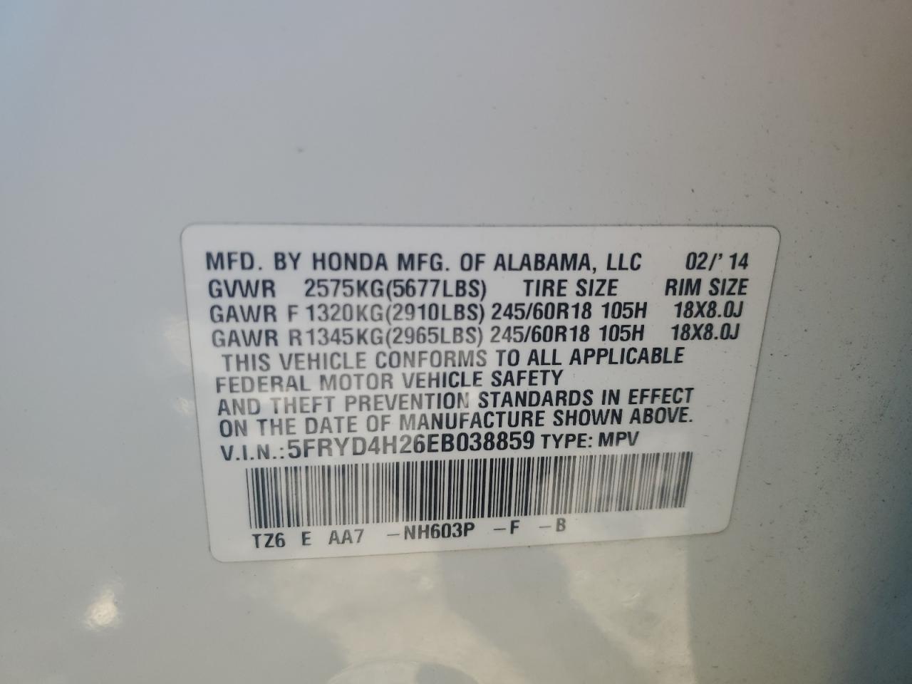 2014 Acura Mdx VIN: 5FRYD4H26EB038859 Lot: 46517465