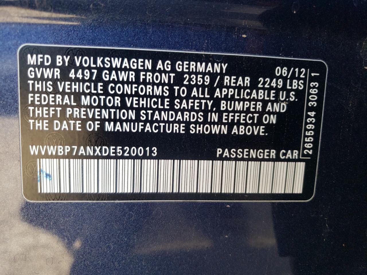 2013 Volkswagen Cc Sport VIN: WVWBP7ANXDE520013 Lot: 44394715