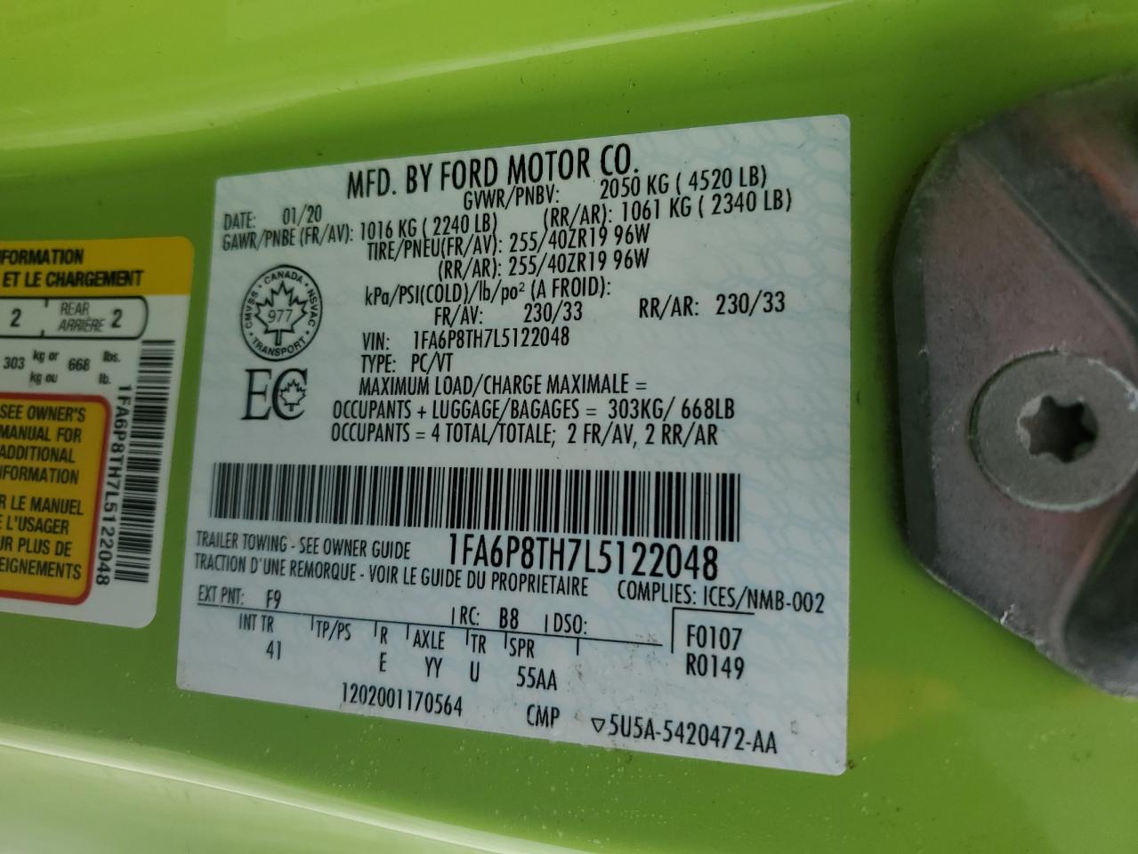 2020 Ford Mustang VIN: 1FA6P8TH7L5122048 Lot: 45763975