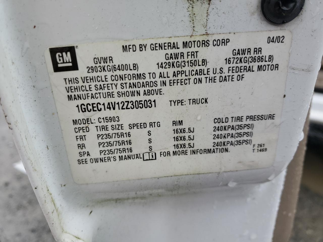 2002 Chevrolet Silverado C1500 VIN: 1GCEC14V12Z305032 Lot: 46584315