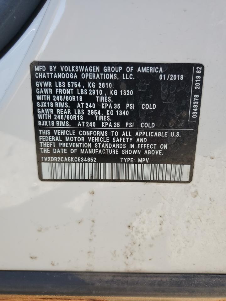 1v2dr2ca5kc534652 1V2DR2CA5KC534652 2019 Volkswagen Atlas Se