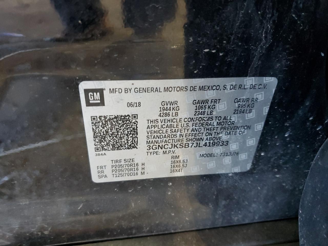 2018 Chevrolet Trax Ls VIN: 3GNCJKSB7JL419933 Lot: 46072865