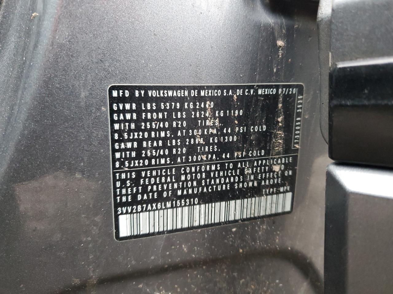 2020 Volkswagen Tiguan Se VIN: 3VV2B7AX6LM155310 Lot: 44859745