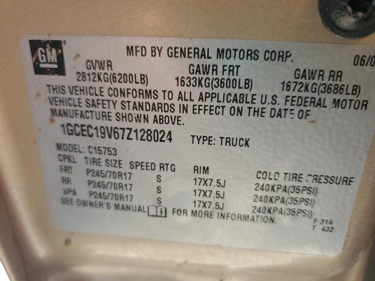 2007 Chevrolet Silverado C1500 Classic VIN: 1GCEC19V67Z128024 Lot: 43711815