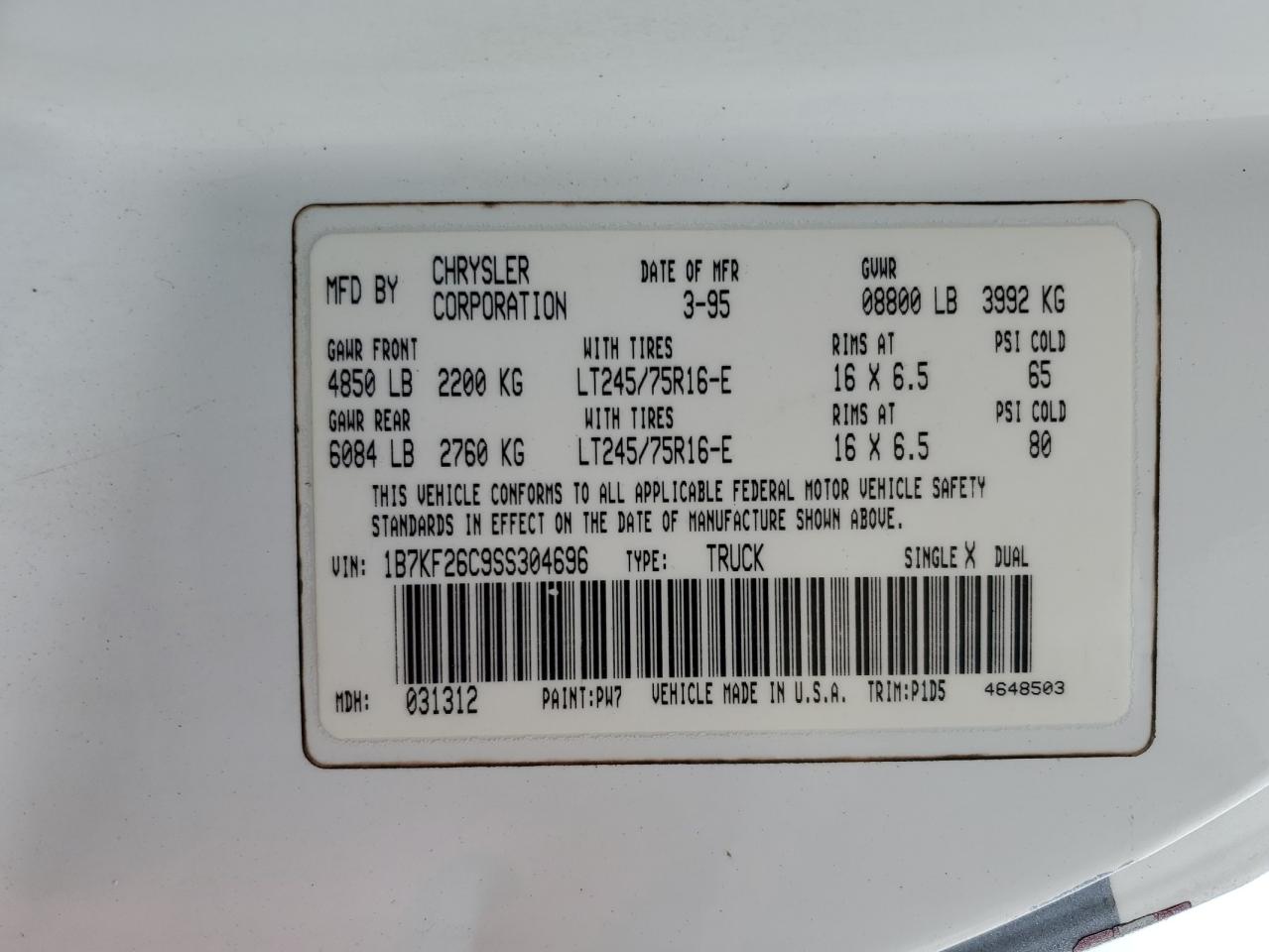 1995 Dodge Ram 2500 VIN: 1B7KF26C9SS304696 Lot: 46612625