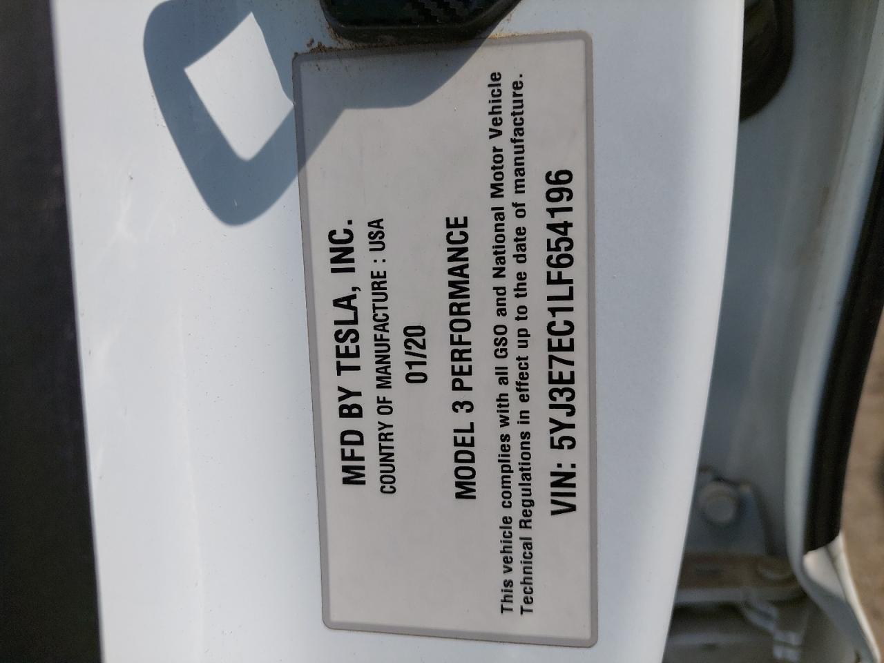 5YJ3E7EC1LF654196 - 2020 Tesla Model 3 - #46196465