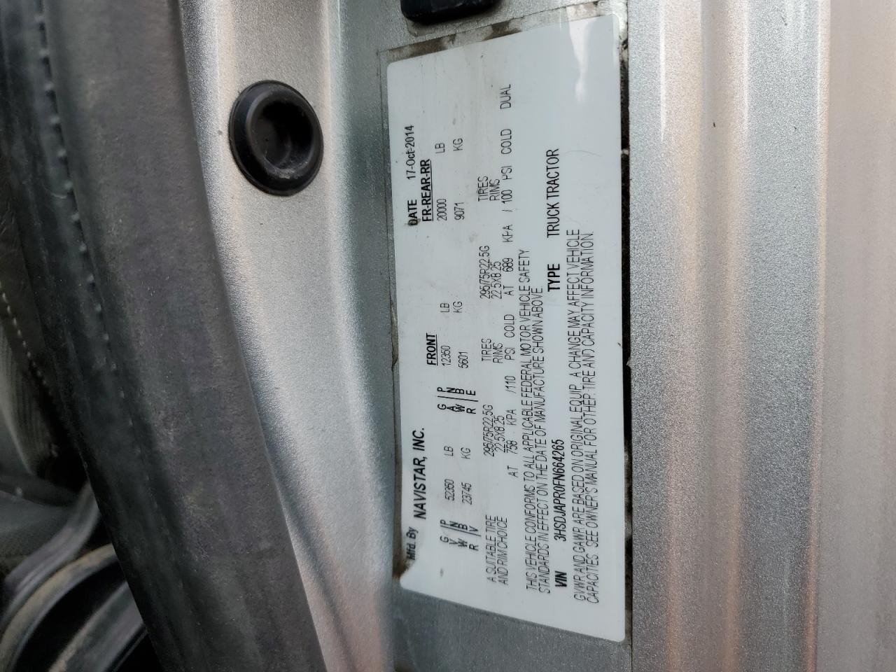 2015 International Prostar Semi Truck VIN: 3HSDJAPR0FN664265 Lot: 46298505