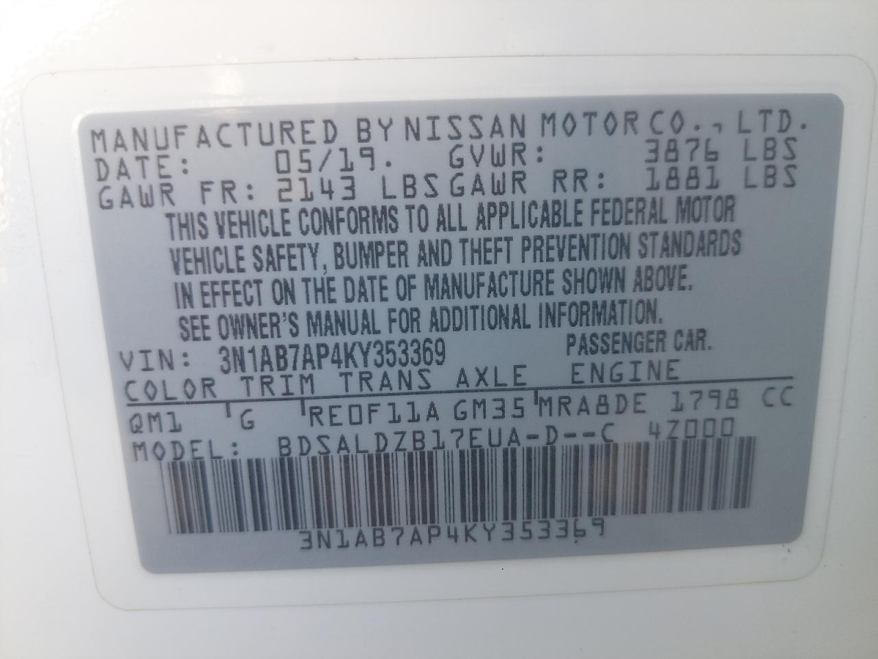 3N1AB7AP4KY353369 - 2019 NISSAN SENTRA - #45432395