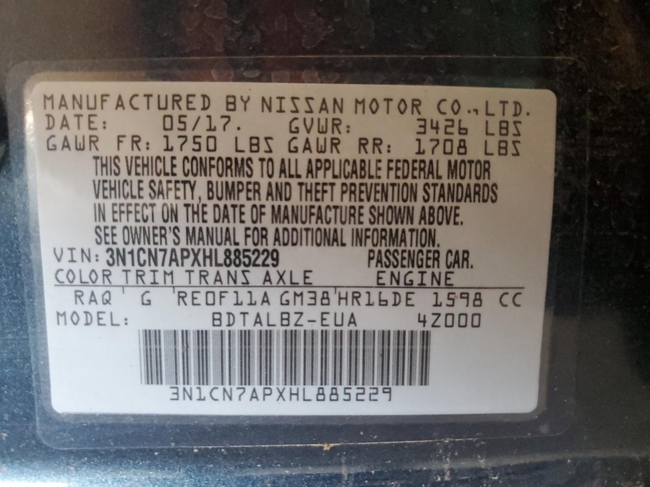 3N1CN7APXHL885229 NISSAN VERSA 2017