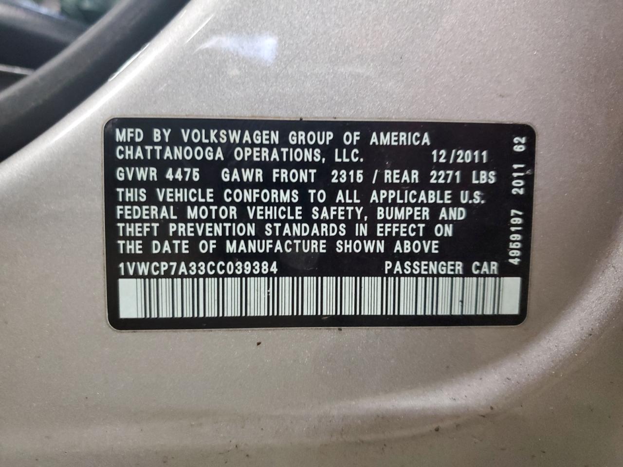 2012 Volkswagen Passat Sel VIN: 1VWCP7A33CC039384 Lot: 46878755