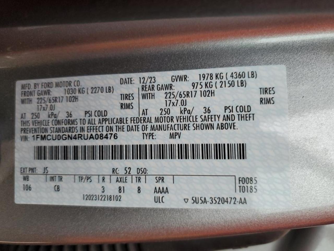 2024 Ford Escape Active VIN: 1FMCU0GN4RUA08476 Lot: 44212725