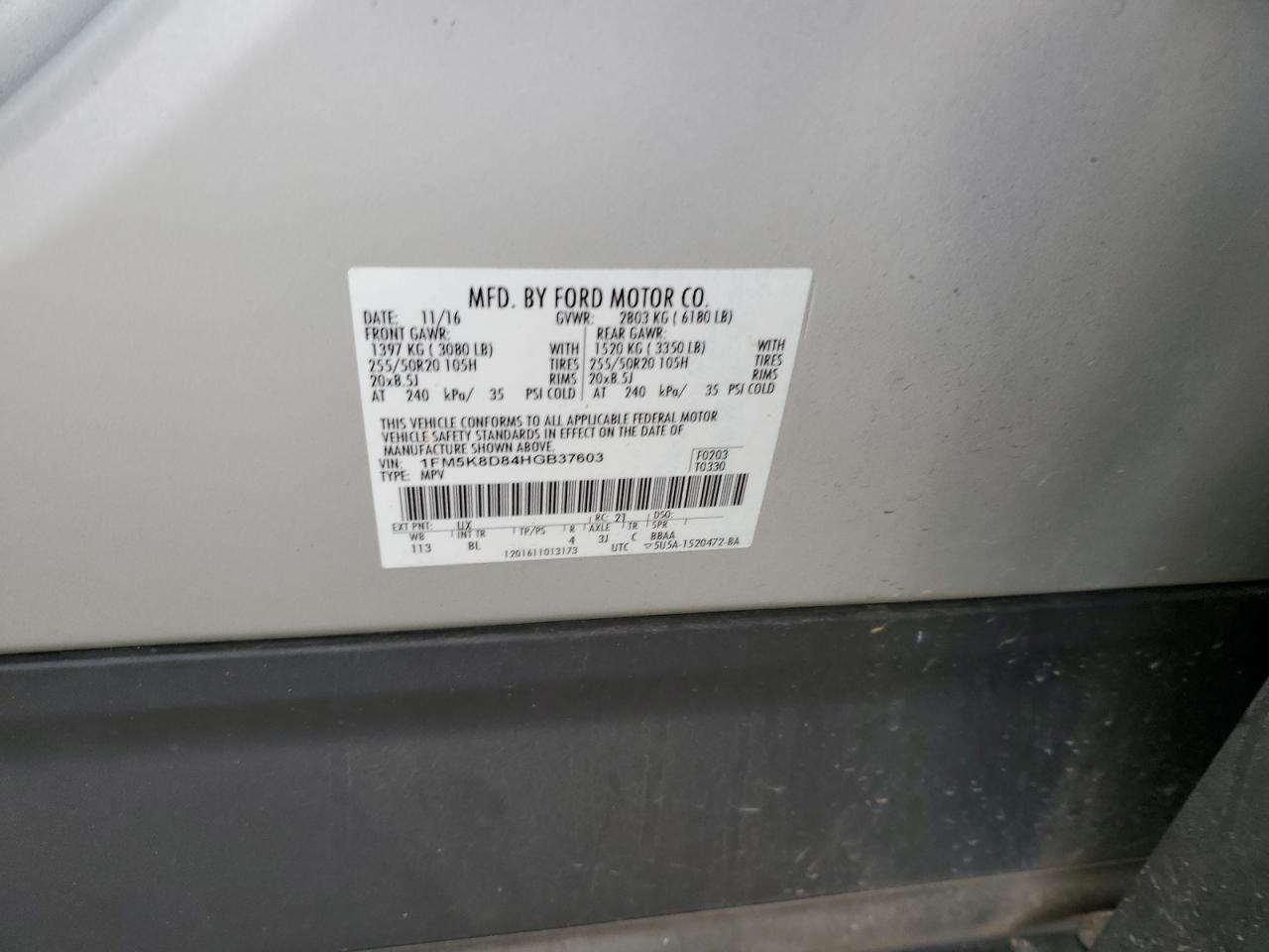 1FM5K8D84HGB37603 FORD EXPLORER 2017