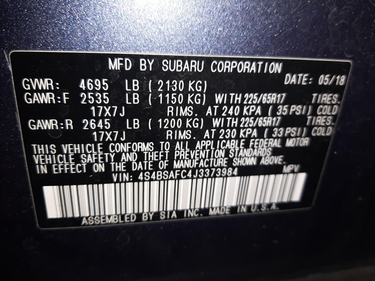 2018 Subaru Outback 2. VIN: 373984 Lot: 46757055