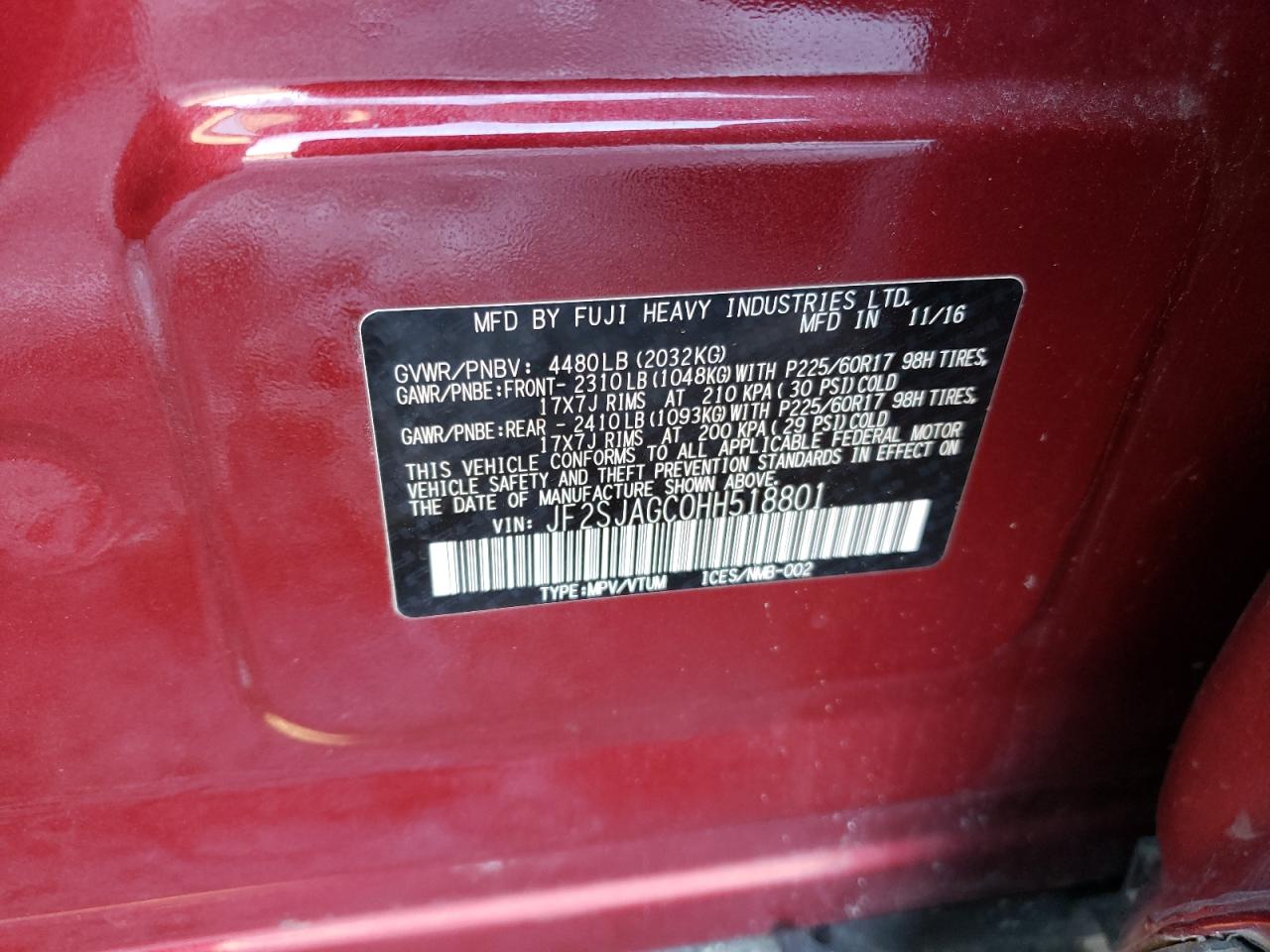 2017 Subaru Forester 2.5I Premium VIN: JF2SJAGC0HH518801 Lot: 44122635