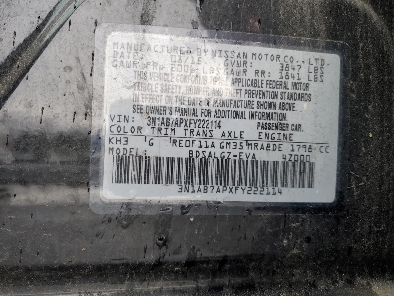 2015 Nissan Sentra S VIN: 3N1AB7APXFY222114 Lot: 44333745