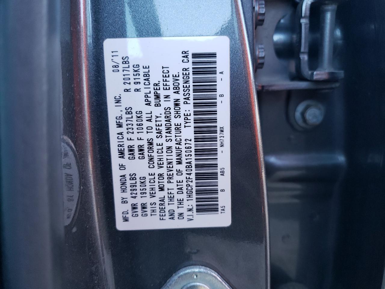 2011 Honda Accord Lxp VIN: 1HGCP2F40BA150672 Lot: 56401825