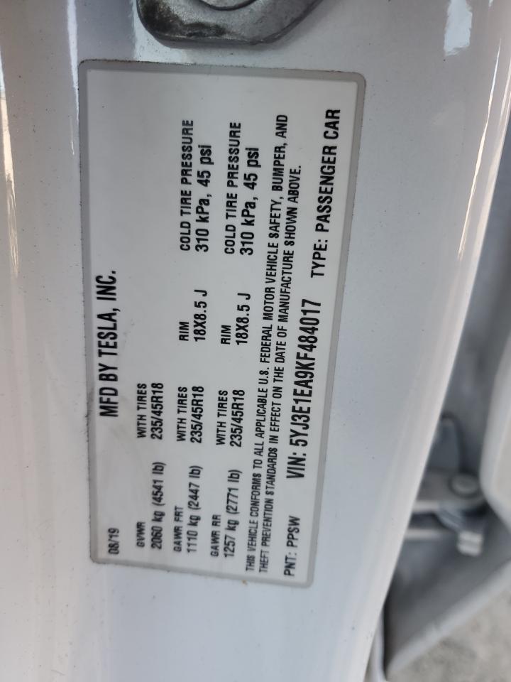 2019 Tesla Model 3 VIN: 5YJ3E1EA8KF484017 Lot: 46549285