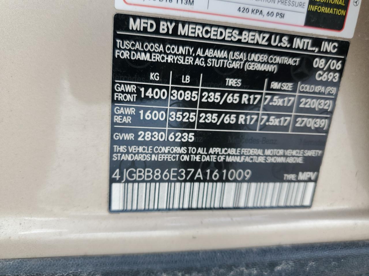 2007 Mercedes-Benz Ml 350 VIN: 4JGBB86E37A161009 Lot: 44645745