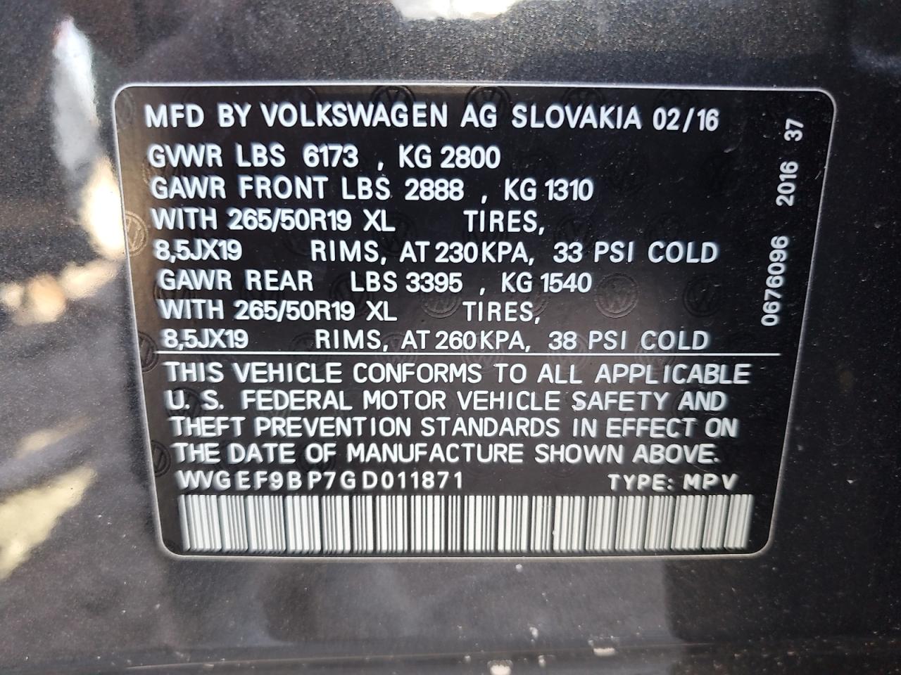 2016 Volkswagen Touareg Sport VIN: WVGEF9BP7GD011871 Lot: 47039645